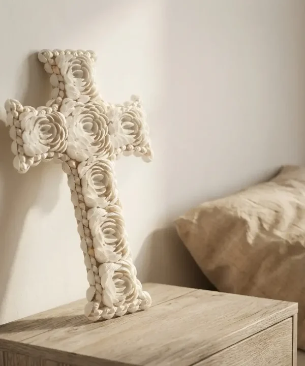 Croix Balinaise en coquillages naturels blancs, motifs floraux relief, décoration bohème chic.