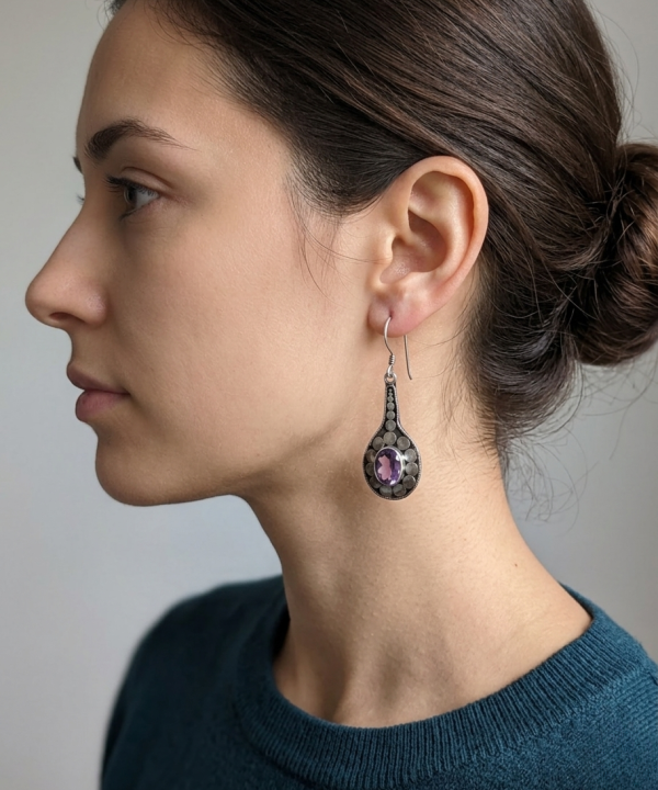 boucles d'oreilles argent et pierre d'améthyste, artisanat Bali