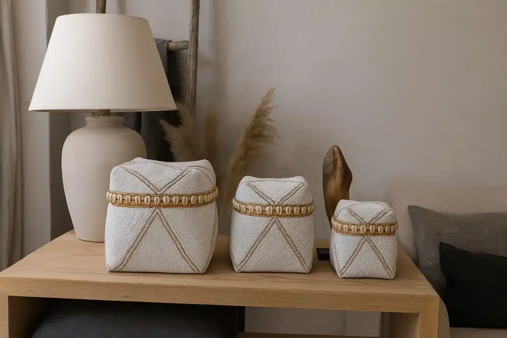 Boîtes à offrandes balinaises décorées de coquillages, faites main à Bali, présentées dans une ambiance zen et naturelle.