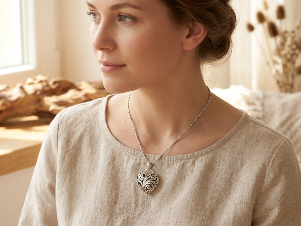 pendentif en argent massif, forme de coeur, artisanat balinais