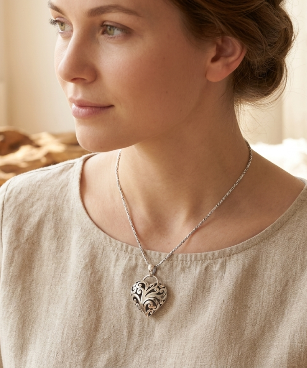 pendentif en argent massif, forme de coeur, artisanat balinais