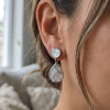 Boucle d'oreille pendante en argent et nacre blanche portée à l'oreille.