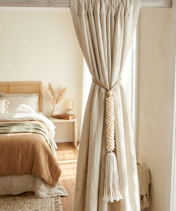 Embrasse rideau Bali artisanale esprit bord de mer avec coquillages, corde naturelle et pompon blanc.