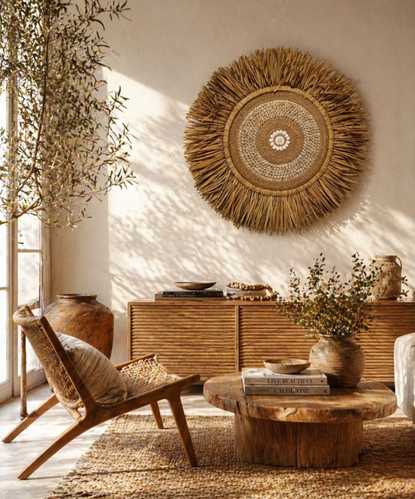 Juju Hat rond décoratif artisanal de Bali, paille de riz et coquillages naturels.