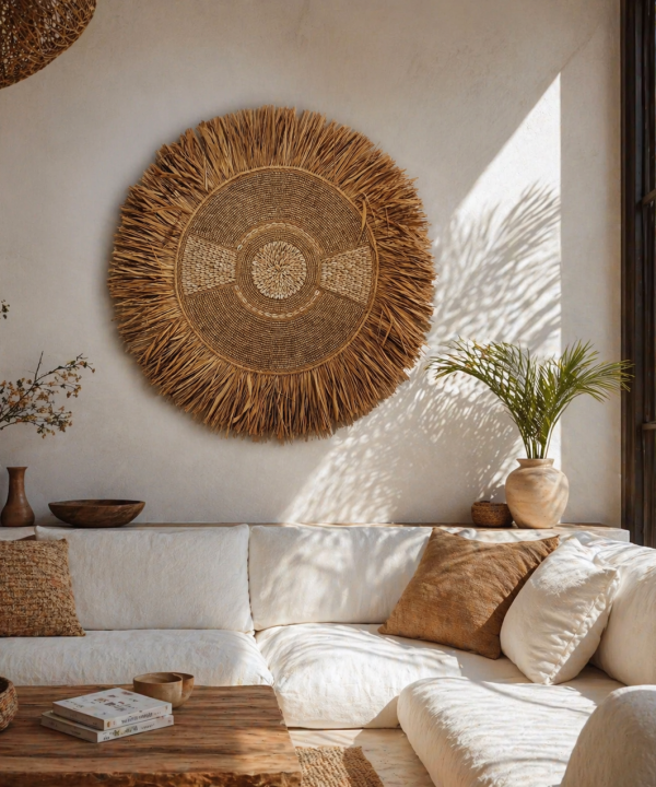 Décoration murale Juju Hat artisanal de Bali, paille, perles et coquillages cauris naturels.