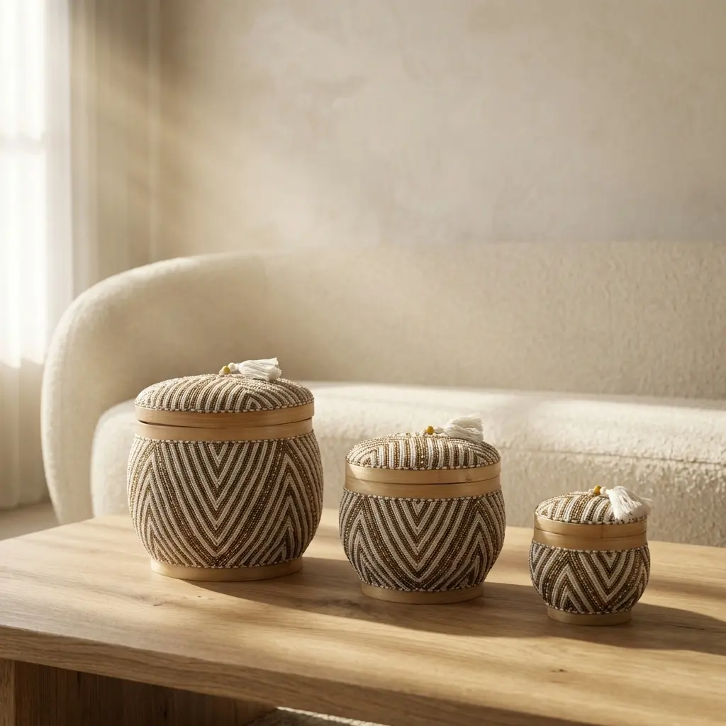 Boîte à offrandes balinaise artisanale en perles crème et dorées, motif géométrique sur bambou.