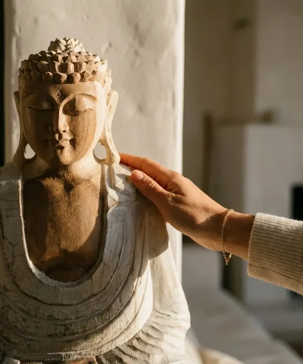 Statue Bouddha méditative en bois de suar sculptée main bicolore, robes blanches patinées