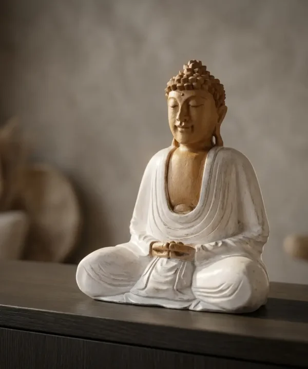 Statue Bouddha méditative en bois de suar sculptée main bicolore, robes blanches patinées