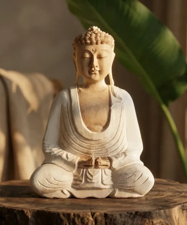 Statue Bouddha méditative en bois de suar sculptée main bicolore, robes blanches patinées