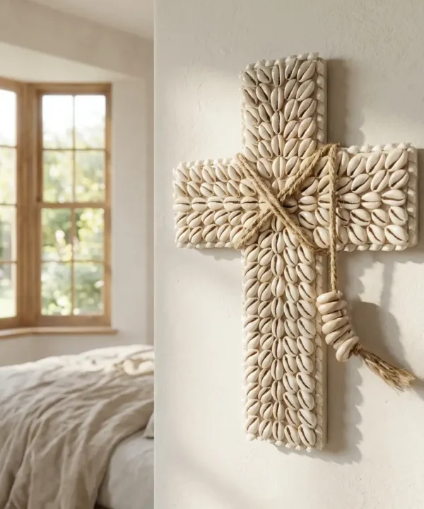 Croix artisanale balinaise en coquillages cauris et ficelle naturelle sur bois