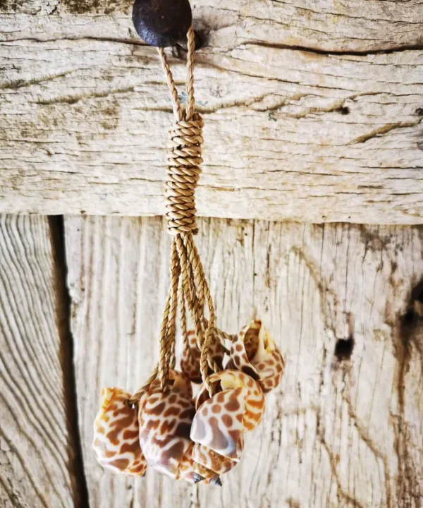 Mini-suspension artisanale macramé avec coquillages marins naturels bruns.