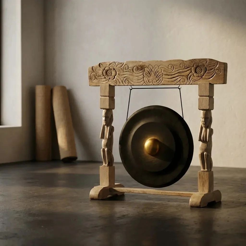 Gong balinais rond de 50 cm en bronze, suspendu sur un socle en bois exotique sculpté à la main, avec surface martelée et finitions artisanales.