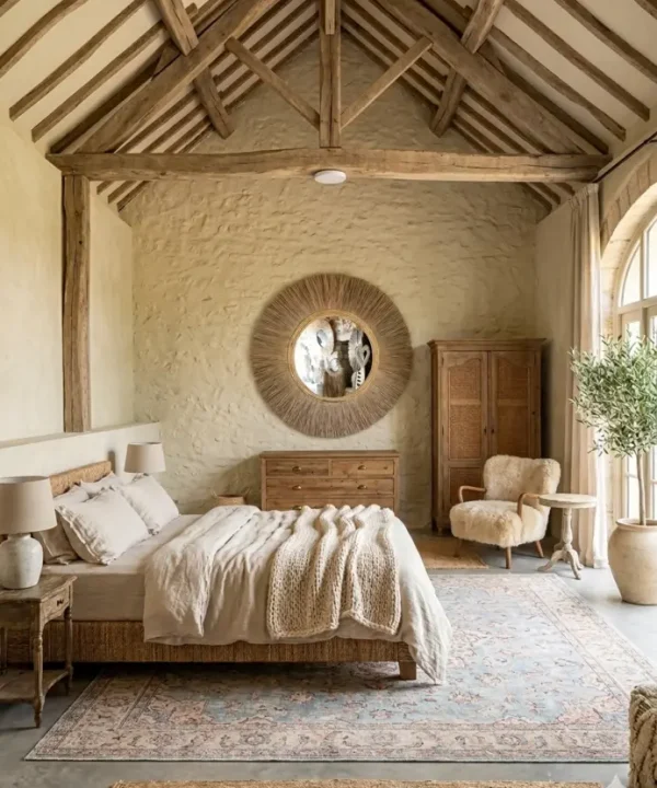 Miroir soleil artisanal 100 cm en paille naturelle, motif rayonnant bohème, fait main Java.