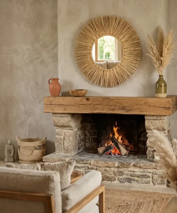 Miroir en paille naturelle "Bali" 50cm, cadre soleil bohème fait main, couleur beige sable.