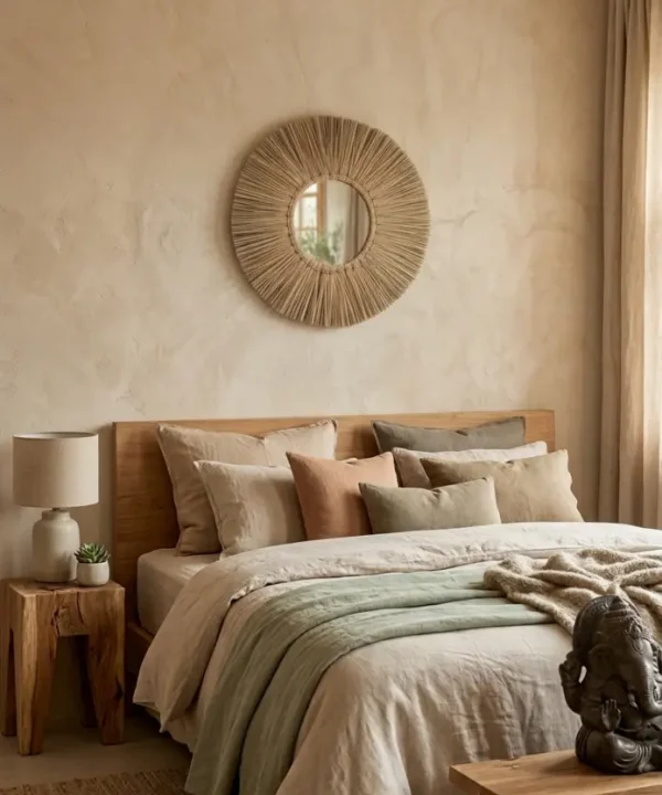 Miroir en paille naturelle "Bali" 50cm, cadre soleil bohème fait main, couleur beige sable.