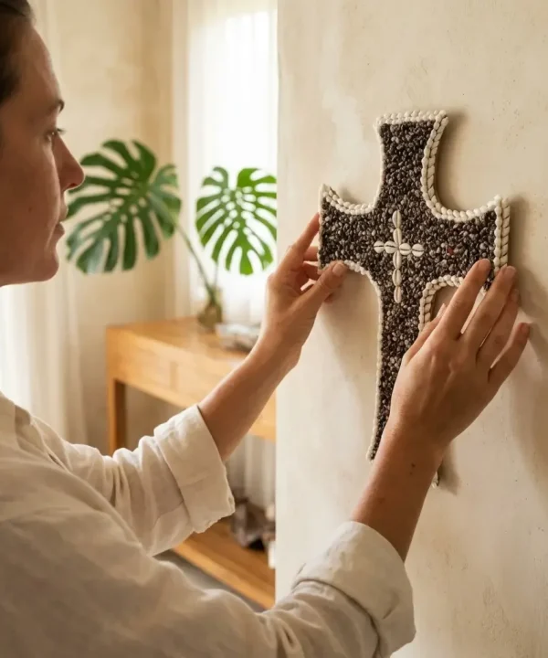 croix decorative coquillages noirs et blancs Bali