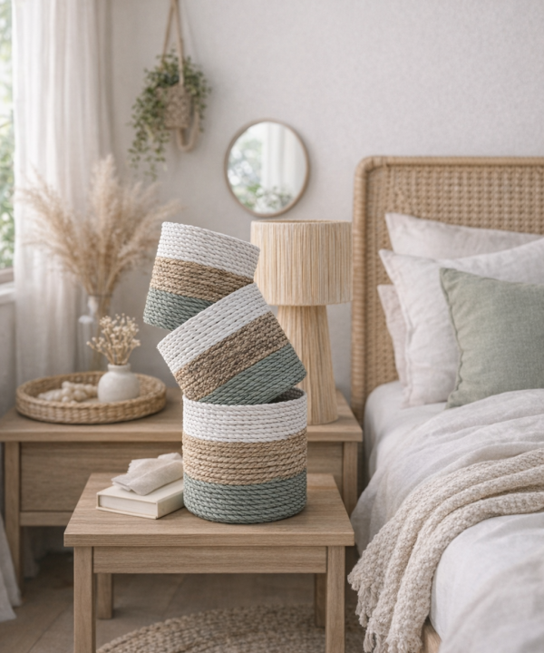 Panier polyvalent artisanal tressé cylindrique, bandes blanc, naturel, vert sauge.