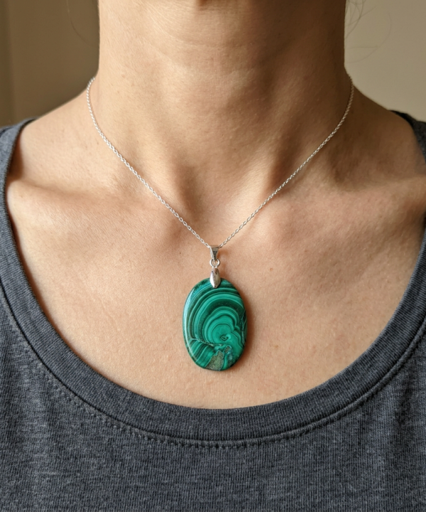 Pendentif malachite unique vert, forme ovale, argent Sterling 925.