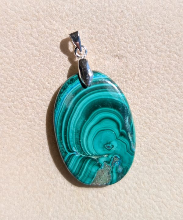 Pendentif malachite unique vert, forme ovale, argent Sterling 925.