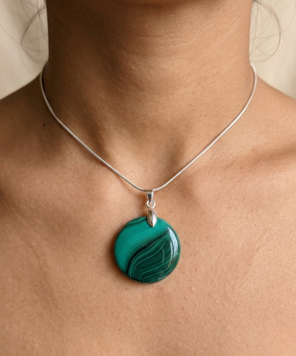 Pendentif malachite unique vert, rond, argent Sterling 925.