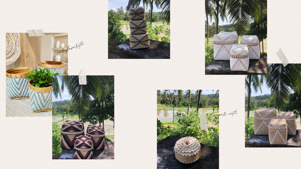 Décoration balinaise artisanale : boîtes à offrandes en perles et coquillages, pour un style intérieur naturel.