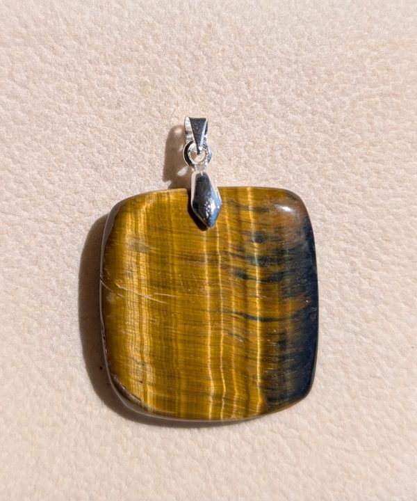 Pendentif Œil de Tigre naturel fait main Jaipur, reflets marron doré, bélière argentée.