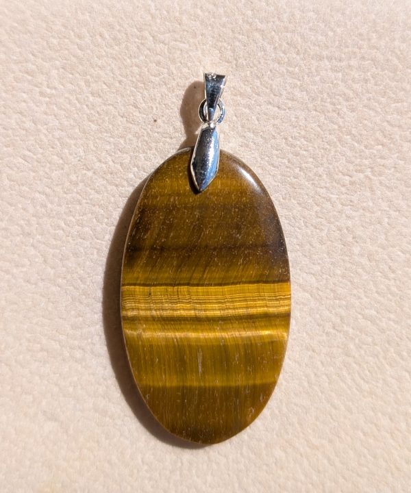 Pendentif Œil de Tigre naturel fait main Jaipur, reflets marron doré, bélière argentée.