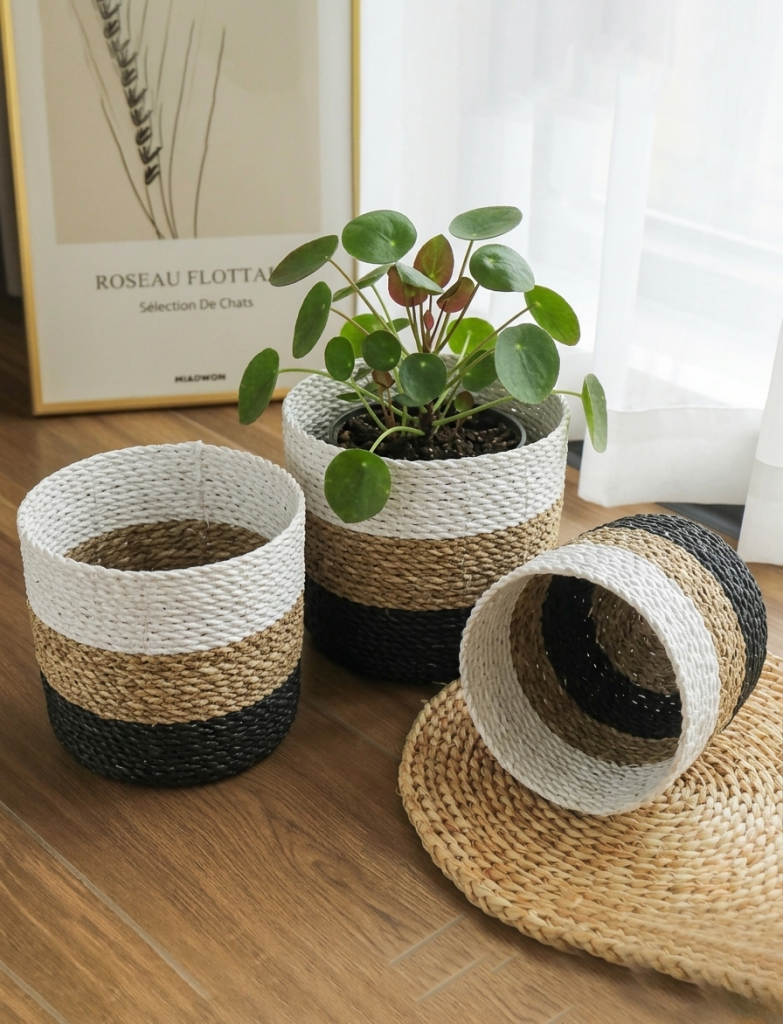 Trois paniers ronds jonc de mer Bali tressé main, tricolore blanc, beige, noir.