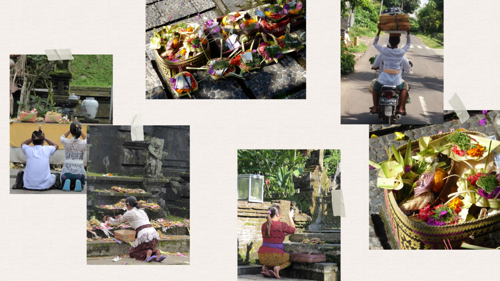 Décoration balinaise artisanale : boîtes à offrandes en vannerie et perles pour un intérieur style naturel et bohème.