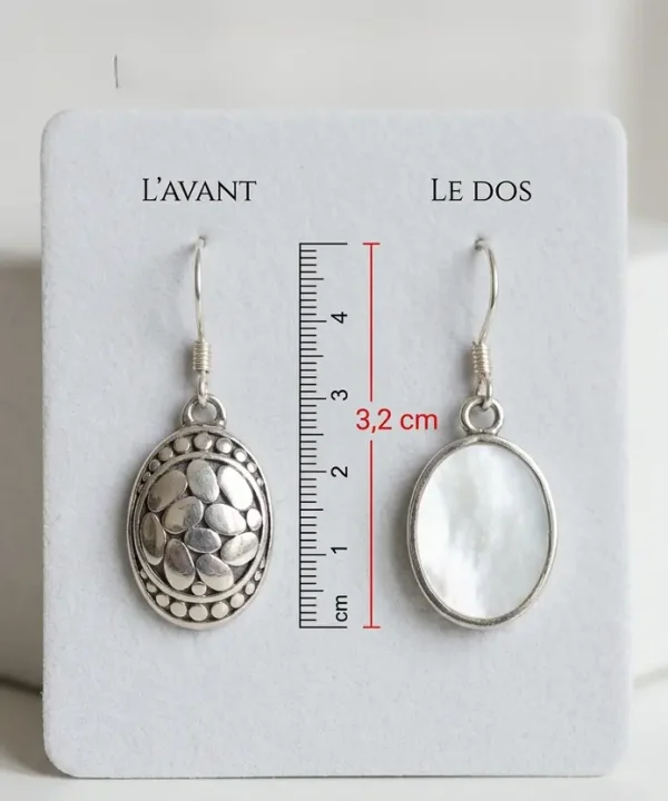 Boucles d'oreilles réversibles ovales argent Bali, nacre blanche naturelle artisanales.
