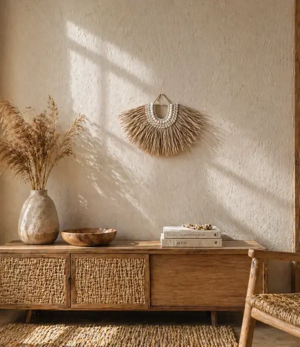 Décoration murale demi-lune artisanale en paille, coquillages cauris et laine, style bohème de Bali.