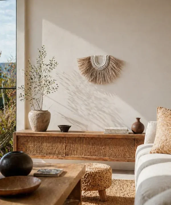 Décoration murale demi-lune artisanale en paille, coquillages cauris et laine, style bohème de Bali.
