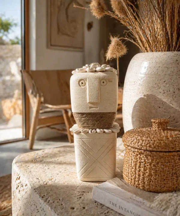 Statuette Sumba artisanale en grès crème, cauris blancs et jute, symbole de protection.