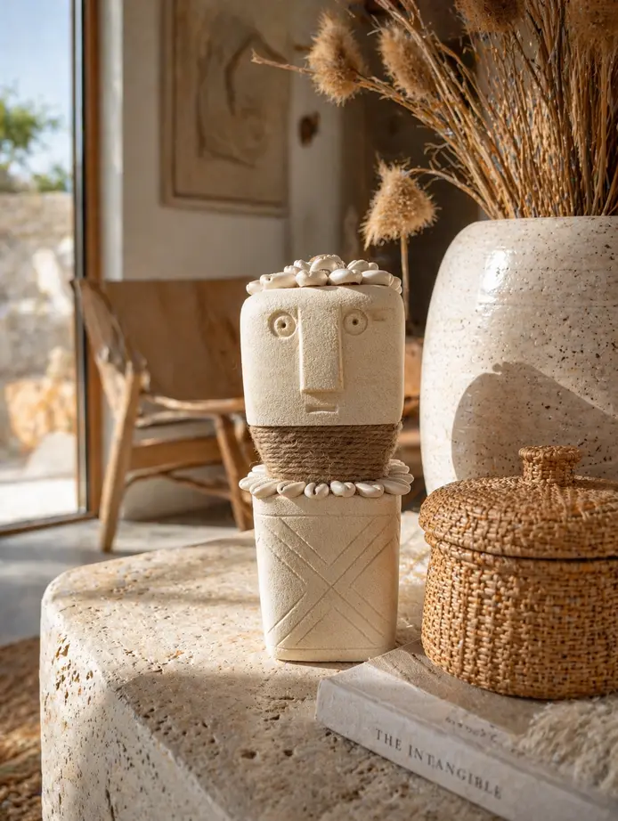 Statuette Sumba artisanale en grès crème, cauris blancs et jute, symbole de protection.
