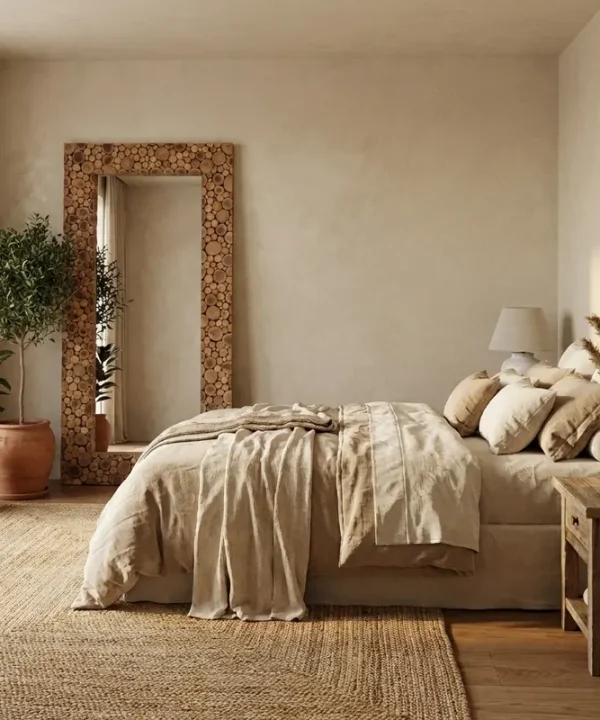 Grand miroir rectangulaire artisanal balinais, cadre mosaïque en teck recyclé.