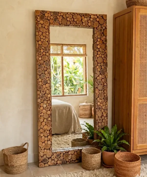 Grand miroir rectangulaire artisanal balinais, cadre mosaïque en teck recyclé.