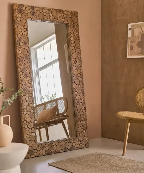 Grand miroir rectangulaire artisanal balinais, cadre mosaïque en teck recyclé.