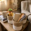 Lot de 3 paniers cylindriques rangement en jonc de mer naturel et coton blanc artisanal.