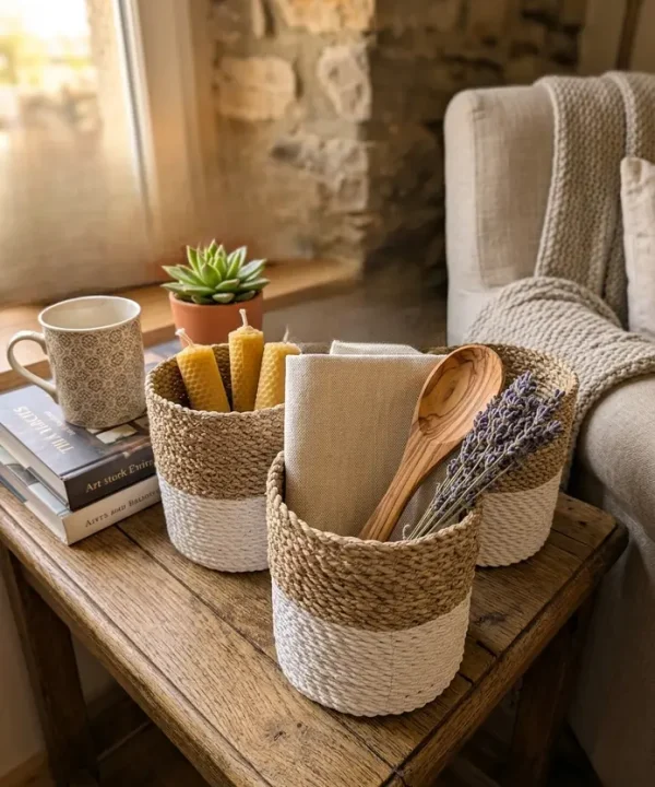 Lot de 3 paniers cylindriques rangement en jonc de mer naturel et coton blanc artisanal.