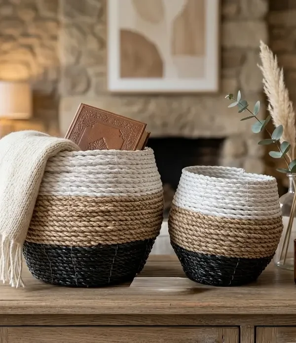 Ensemble de paniers ronds tricolores en jonc de mer, rangement et cache-pot naturel.