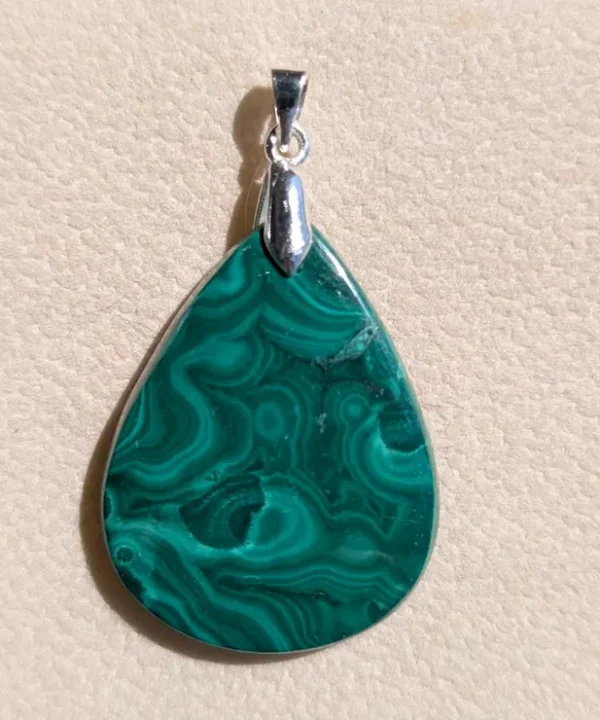 Pendentif malachite unique vert, forme goutte, argent Sterling 925.