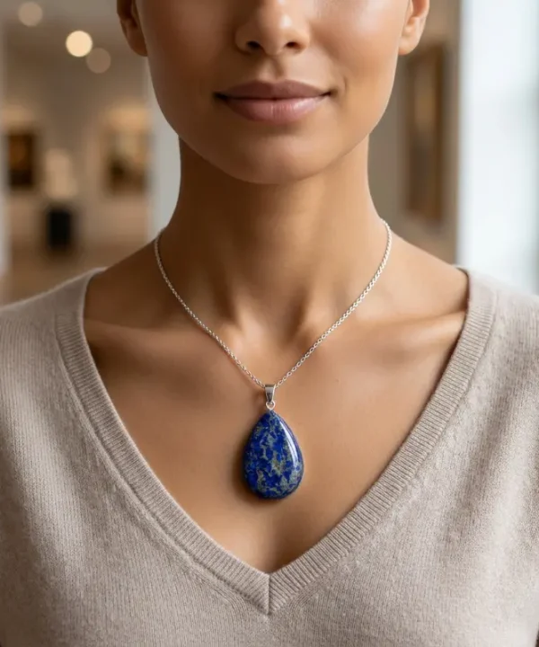 Pendentif lapis-lazuli naturel fait main, forme goutte, bleu outremer intense, bélière argentée.