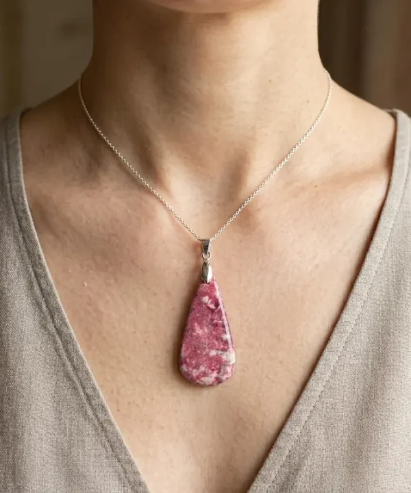 Pendentif Thulite unique, pierre naturelle rose intense marbrée, goutte allongée, chaîne argentée.