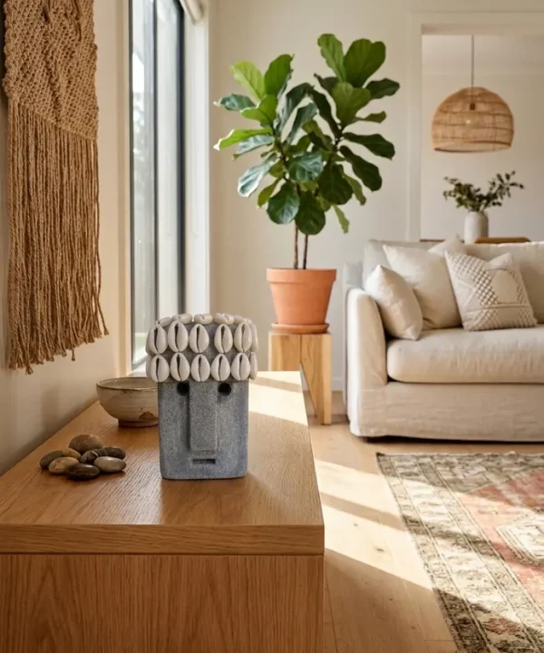 Statue Sumba artisanale en grès, coiffe cauris, décoration ethnique indonésienne.