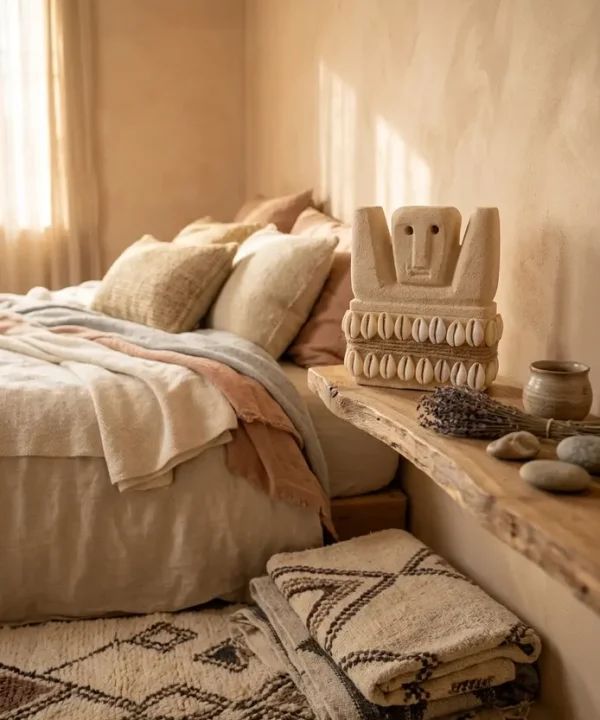 Statuette Sumba artisanale en grès beige et cauris blancs, style bohème.