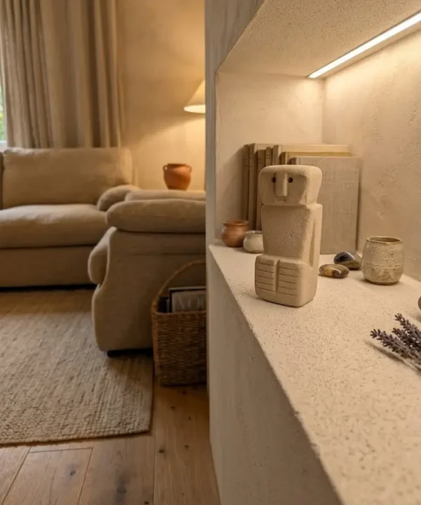 Statuette artisanale en pierre de Sumba beige clair, style primitif.