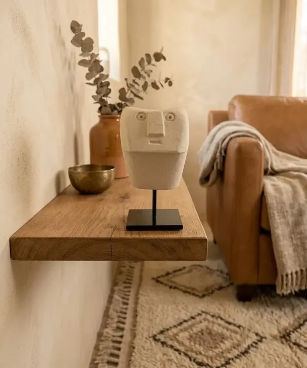 Statuette artisanale Sumba en grès beige, visage abstrait géométrique sur socle noir.