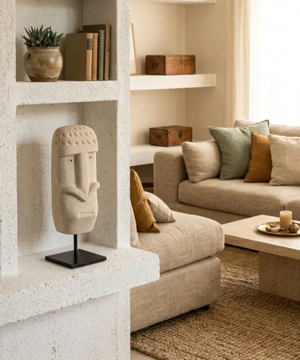 Statuette Sumba en grès naturel sculptée à la main, gardien tribal.