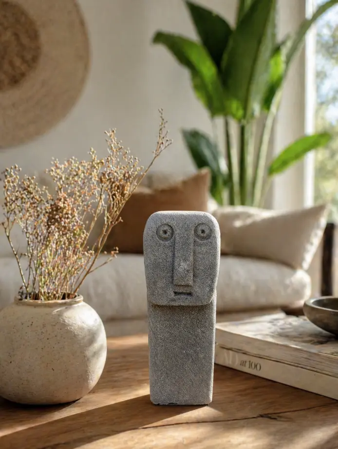 Statuette grise en grès de Sumba, style Moai, 11 cm, décoration artisanale