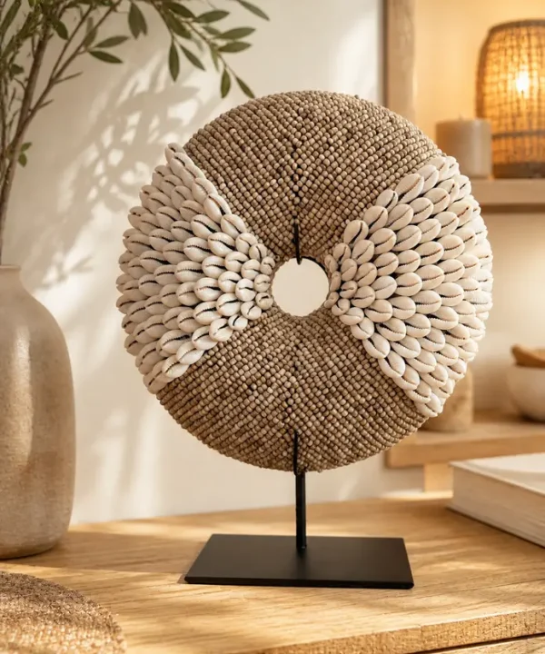Rond sculptural artisanal Bali coquillages cauris perles naturelles crème sur socle noir